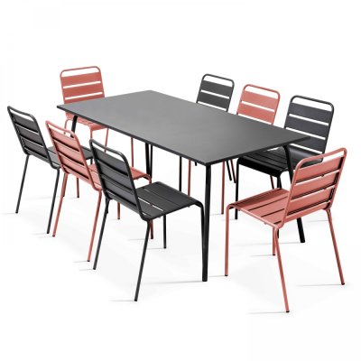 OVIALA Palavas - Ensemble table et 8 chaises en m&eacute;tal gris et argile - Rose