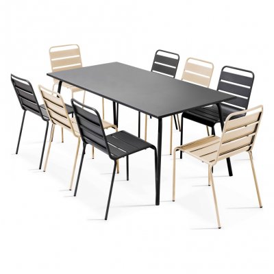 OVIALA Palavas - Ensemble table et 8 chaises en m&eacute;tal gris et ivoire - Beige