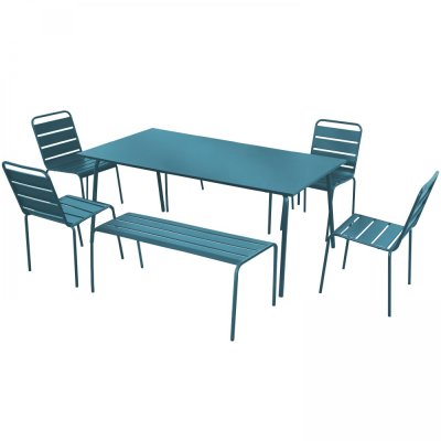 OVIALA Palavas - salon de jardin 2 bancs et 4 chaises en acier bleu pacific