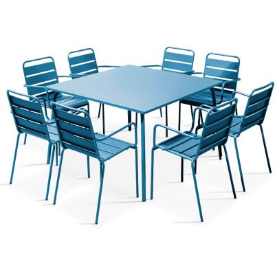 OVIALA Palavas - table de jardin carr&eacute;e et 8 fauteuils en m&eacute;tal bleu pacific
