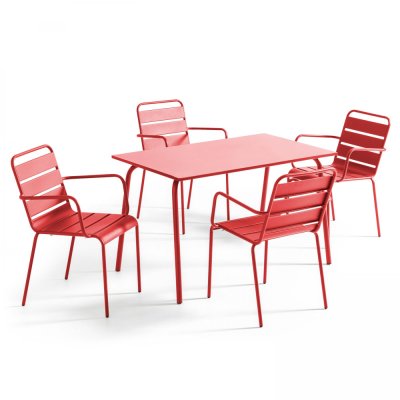 OVIALA Palavas - Table de jardin et 4 fauteuils en m&eacute;tal rouge - Rouge