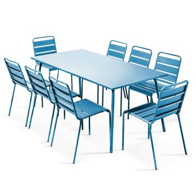 OVIALA Palavas - Table de jardin et 8 chaises en m&eacute;tal bleu pacific - Bleu