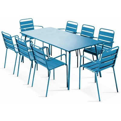 OVIALA Palavas - Table de jardin et 8 fauteuils en m&eacute;tal bleu pacific - Bleu