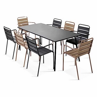 OVIALA Palavas - table de jardin et 8 fauteuils en m&eacute;tal taupe et gris