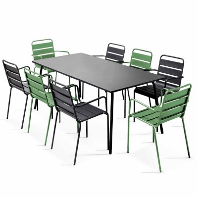 OVIALA Palavas - table de jardin et 8 fauteuils en m&eacute;tal vert cactus et gris