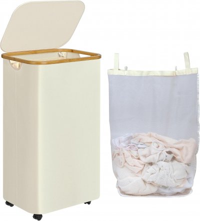 VENDOS85 Panier &Agrave; Linge Beige 110l Sur Roues Avec Sac Amovible