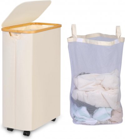 VENDOS85 Panier &Agrave; Linge Beige Sur Roues 75l Pliable Avec Sac Amovible