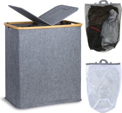 Panier &agrave; linge double 140L en bambou et lin - Gris-bleu