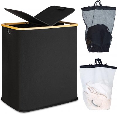 VENDOS85 Panier &agrave; linge double 140L en bambou et lin - Noir