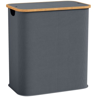 HOMCOM Panier &Agrave; Linge Double Pliable 80l Non Tiss&eacute; Bambou