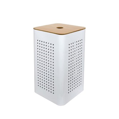 HOMEMAISON Panier &agrave; linge en m&eacute;tal blanc avec couvercle bois - Blanc - 30x30x50