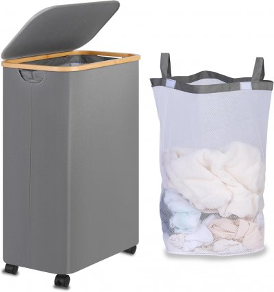 VENDOS85 Panier &agrave; linge gris 110L sur roues avec sac amovible