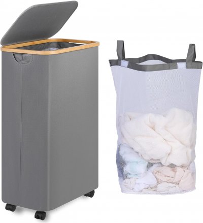 VENDOS85 Panier &Agrave; Linge Gris Sur Roues 75l Pliable Avec Sac Amovible