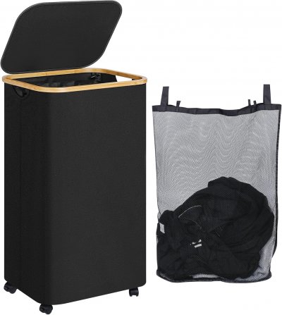 VENDOS85 Panier &Agrave; Linge Noir 110l Sur Roues Avec Sac Amovible