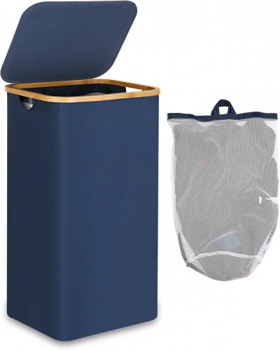 VENDOS85 Panier &agrave; linge pliable 100L avec couvercle - Bleu