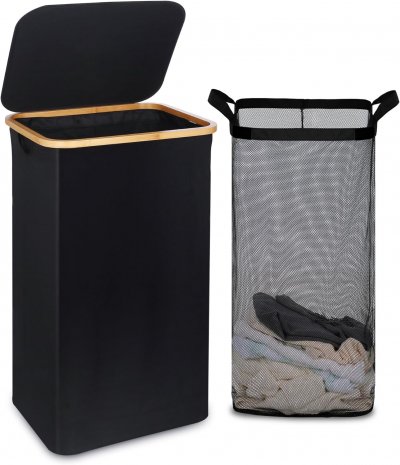 VENDOS85 Panier &agrave; linge pliable 120L avec couvercle - Noir