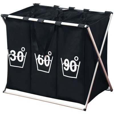 KESPER Panier &agrave; linge pliable 3 bacs - Noir - 3 compartiments avec fermeture