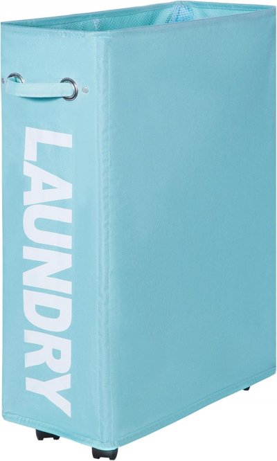 VENDOS85 Panier &agrave; Linge Slim Bleu Clair 55L - Pliable, A Roulettes