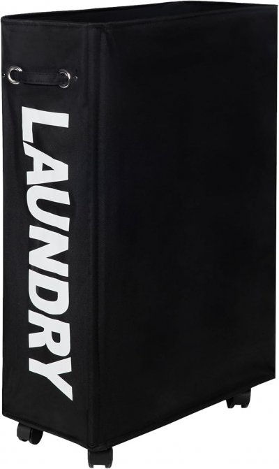 Panier &agrave; Linge Slim Noir 55L - Pliable, A Roulettes