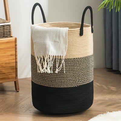 VENDOS85 Panier &Agrave; Linge Tress&eacute; En Coton 38 &times; 50 Cm Z-marron Noir