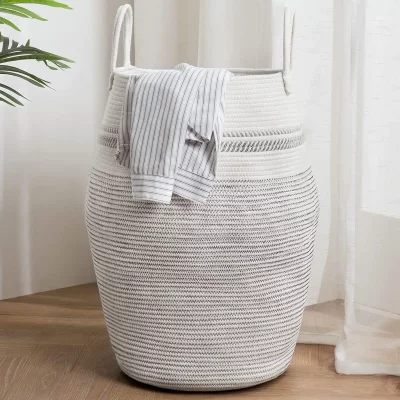 VENDOS85 Panier &Agrave; Linge Tress&eacute; En Coton Gris Fonc&eacute; 105 L