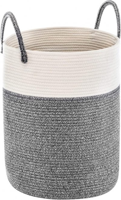 VENDOS85 Panier &agrave; linge tress&eacute; en coton - Gris Fonc&eacute; 38 &times; 50 cm