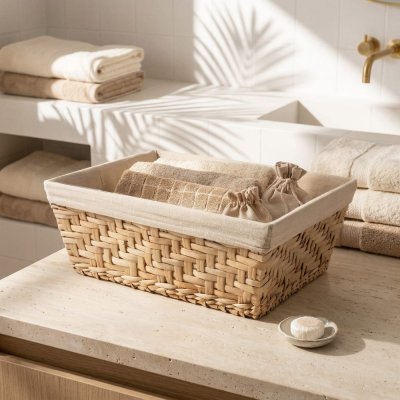 COMPACTOR Panier fiesta beige en jonc tresse avec tissu en lin gm