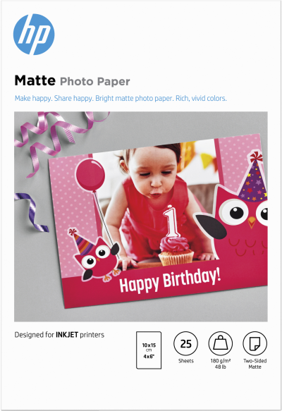 HP Papier photo mat , 180 g/m2, 10 x 15 cm, 25 feuilles (7HF70A)