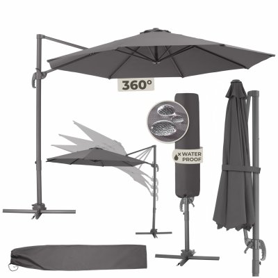 TECTAKE Parasol DARIA 300 cm avec pied d&eacute;port&eacute; et housse de protection - gris