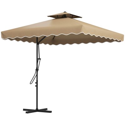 OUTSUNNY Parasol d&eacute;port&eacute; carr&eacute; pied en croix double toit lambrequin vague douce kaki