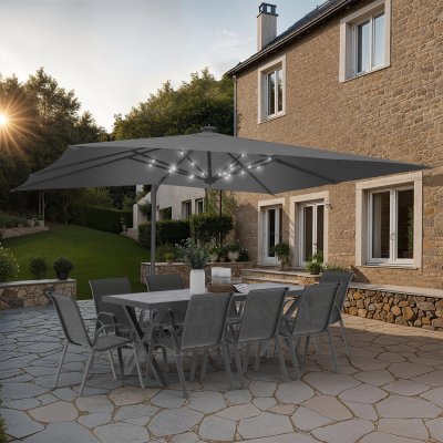 IDMARKET Parasol d&eacute;port&eacute; inclinable rotatif 360 gris 3x4 M avec 4 dalles et housse