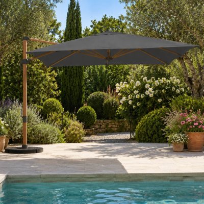 IDMARKET Parasol d&eacute;port&eacute; inclinable rotatif 360 mat effet bois et toile grise 3X4M avec housse