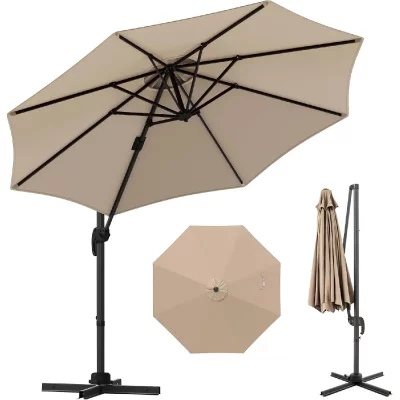 VENDOS85 Parasol d&eacute;port&eacute; rond 360&deg; inclinable grande taille Beige
