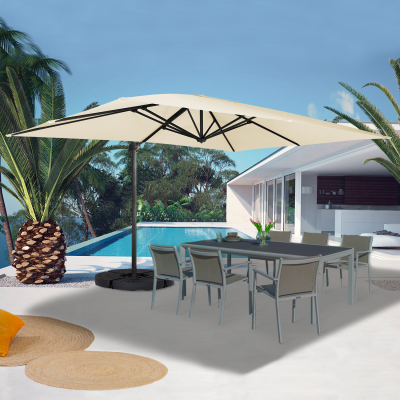 IDMARKET Parasol d&eacute;port&eacute; rotatif 360 CALVI &eacute;cru 3x4 M avec 4 dalles et housse