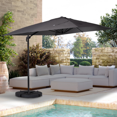 IDMARKET Parasol d&eacute;port&eacute; rotatif CALVI 360 en gris 3x3 M avec 4 dalles et housse