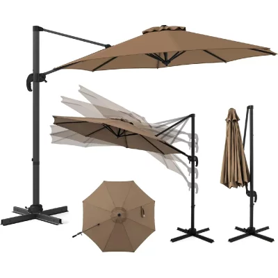 VENDOS85 Parasol rond d&eacute;port&eacute; 294 cm rotatif et inclinable &ndash; Marron