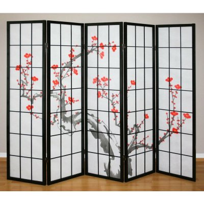 Paravent 5 panneaux japonais en bois noir 220x175cm PAR06015