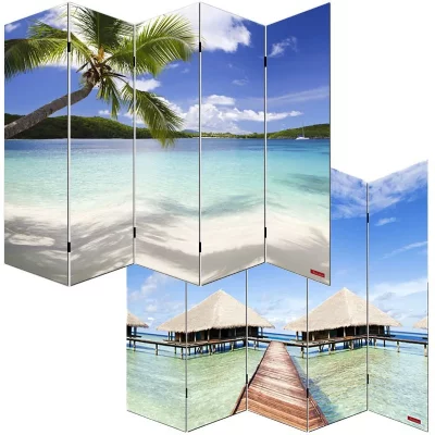 Paravent 5 panneaux pans s&eacute;parateur de pi&egrave;ce 180x200cm motif plage par04005