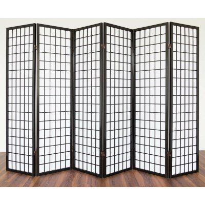 Paravent 6 panneaux en bois noir et papier riz 175x264cm par06048