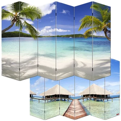 Paravent 6 panneaux pans s&eacute;parateur de pi&egrave;ce 180x240cm motif plage - noir