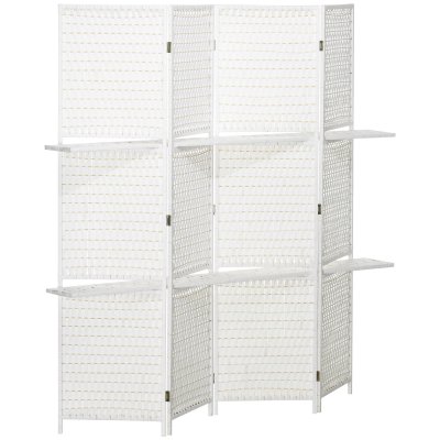 Paravent int&eacute;rieur 4 panneaux 2 &eacute;tag&egrave;res pliables blanc paille