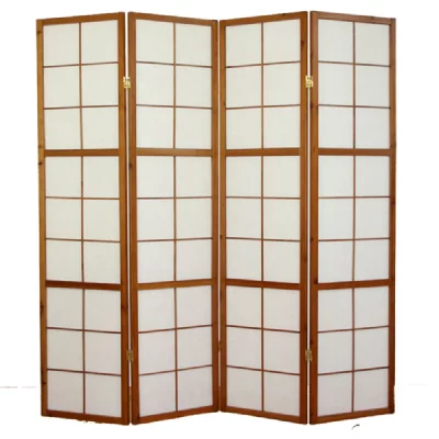 Paravent japonais Shoji en bois brun fonc&eacute; de 4 pans -PEGANE-