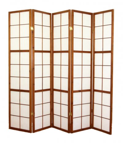Paravent japonais Shoji en bois brun fonc&eacute; de 5 pans -PEGANE-