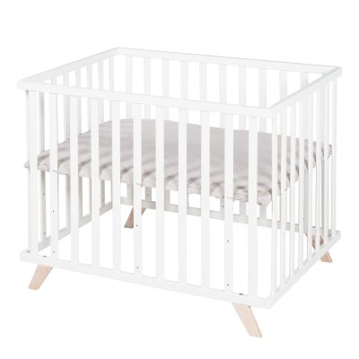 ROBA Parc 75x100 r&eacute;glable en h&ecirc;tre bio blanc avec tapis gris