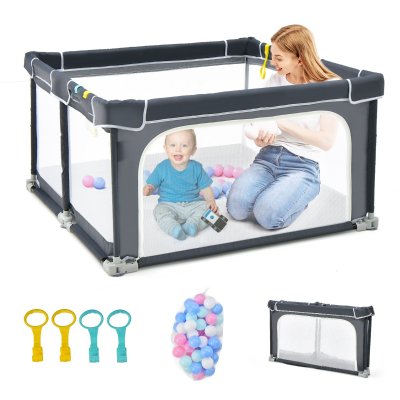 COSTWAY Parc B&eacute;b&eacute; Pliable -  - 124 x124cm - 4 Poign&eacute;es - 50 Balles Oc&eacute;aniques - Gris Fonc&eacute;