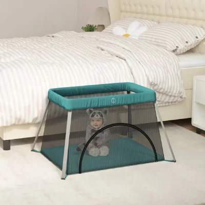 VIDAXL Parc Pour B&eacute;b&eacute; Avec Matelas Vert Tissu De Lin  