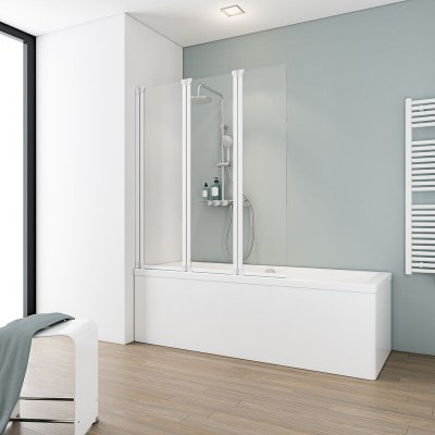 SCHULTE Pare baignoire rabattable 3 volets 124x130cm verre transparent 5mm profil&eacute; blanc 