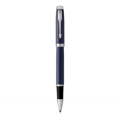 PARKER  Stylo Roller Im Bleu Royal Attributs Chrom&eacute;s. Pointe Fine. Encre Noire.