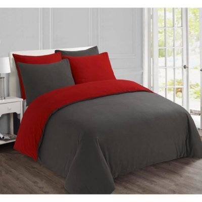 VISION Parure De Couette Flanelle Bicolore - 200x200 Cm - Gris Anthracite Et Rouge