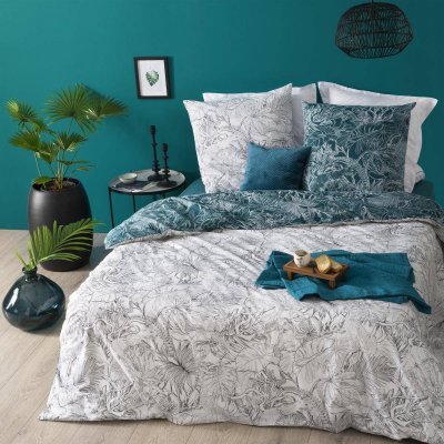 PARIS PRIX Parure housse de couette coton 57 fils fleurs tropicales JUNGLE